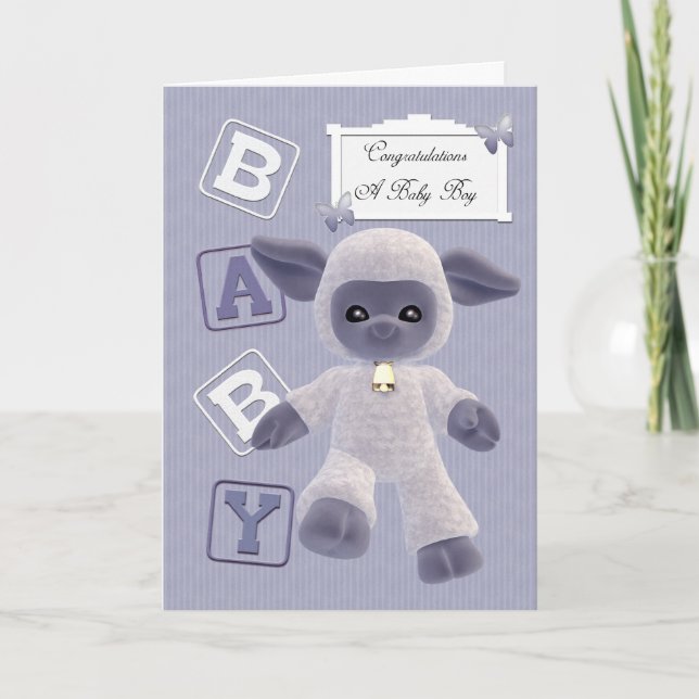 Carte nouveau-né bébé garçon félicitations avec agneau (Devant)