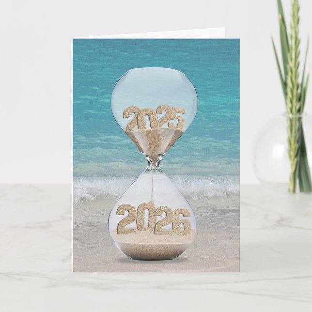Carte Nouvel An 2026 Sand Timer sur la plage (Devant)
