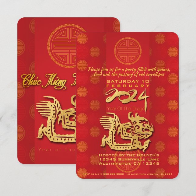 Carte Nouvel An vietnamien Dragon 2024 Party Inv (Devant / Derrière)
