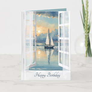 Carte Nouvel Anniversaire Bateau à voile dans une fenêtr