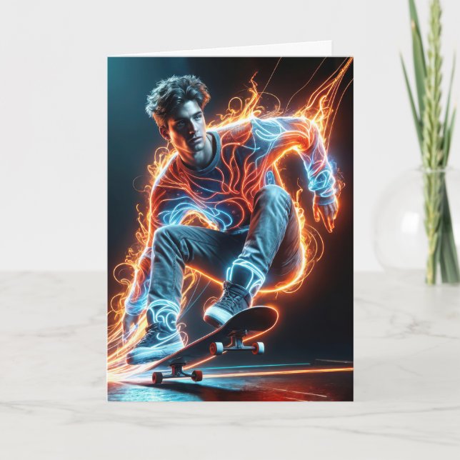 Carte Nouvel Anniversaire Neon Skateboarder Sur Noir (Devant)
