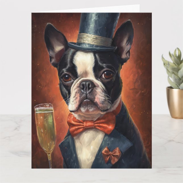 Carte Nouvelle Année Boston Terrier (Petite plante)