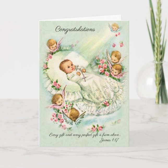 Carte Nouvelle Bébée fille avec anges, Croix, Roses rose (Devant)