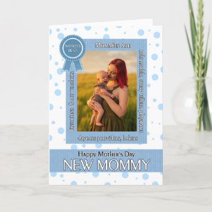 Carte Nouvelle maman Polka bleu Dot Photo Fête des Mères