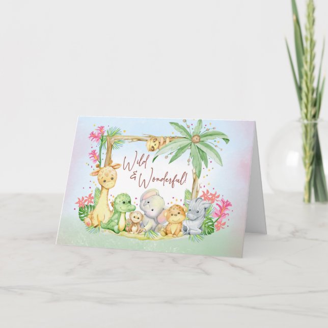 Carte Nouvelle petite fille Safari Animaux Sauvages et M (Devant)