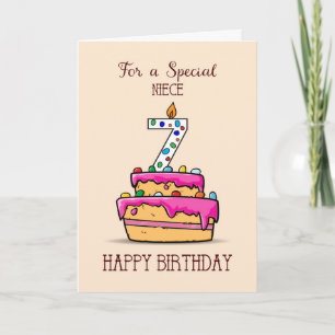 Carte Nuit 7e anniversaire, 7 sur le gâteau rose doux