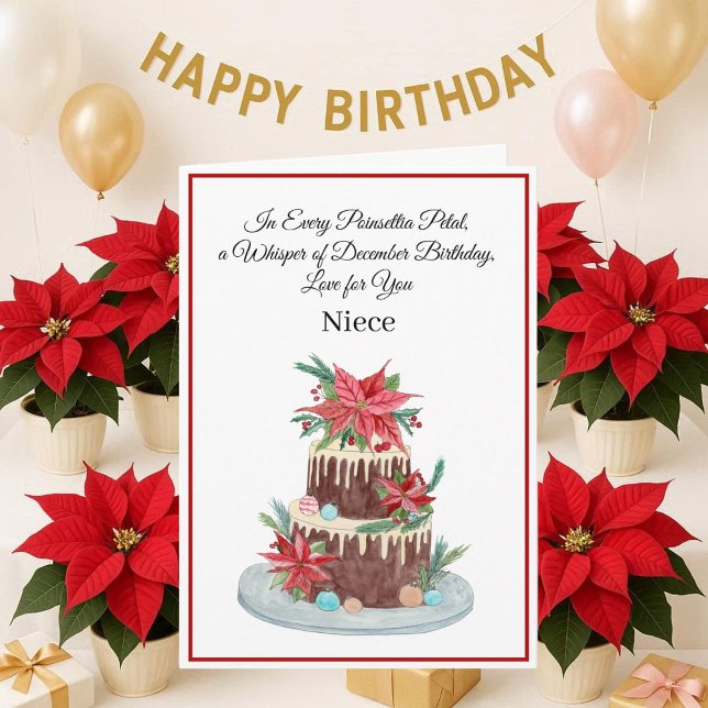 Carte Nuit Décembre Anniversaire Gâteau Poinsettias (Créateur téléchargé)