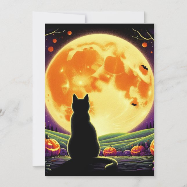 Carte Nuit d'Halloween avec chat noir et Jack-O'-Lantern (Devant)