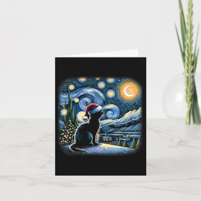 Carte Nuit étoilée de Van Gogh Chat Drôle Chat noir Noël (Devant)