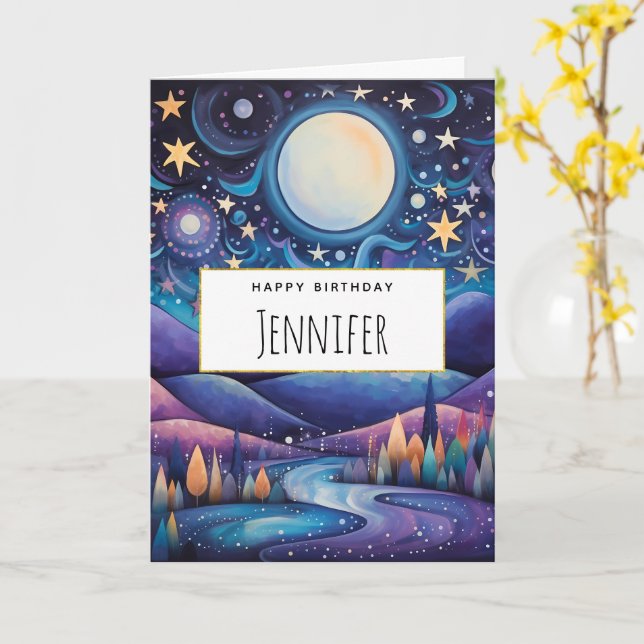 Carte Nuit lunaire Big Moon Paysage Anniversaire (Fleur jaune)