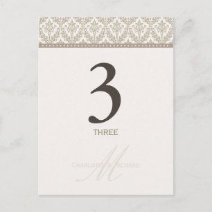 Carte Numéro de table Champagne Damask Monogramme