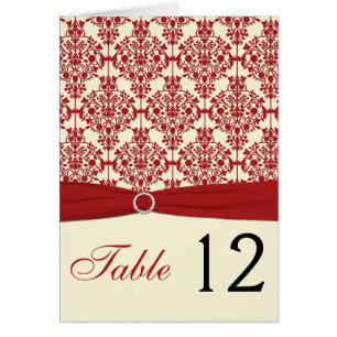 Carte Numéro de table Crème et Damas rouge