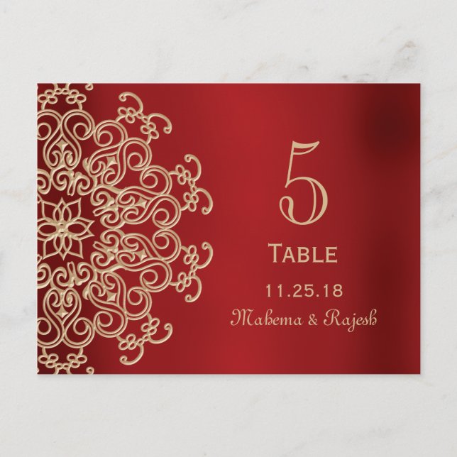 CARTE NUMÉRO DE TABLE MARIAGE INDIEN ROUGE ET OR (Devant)