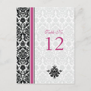 Carte Numéro de table rose, noir, blanc Damas