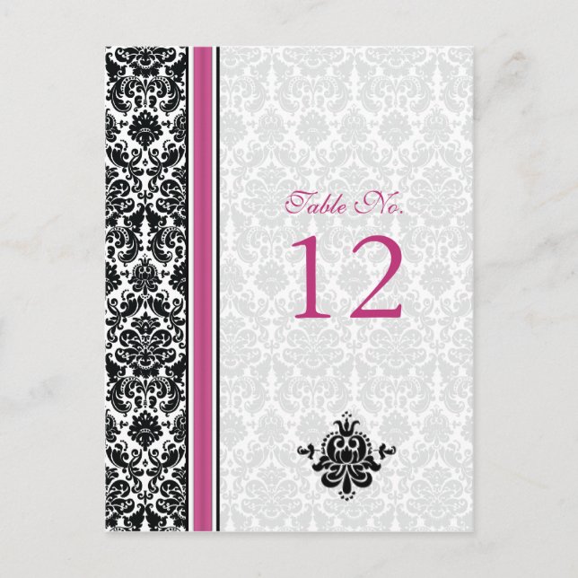 Carte Numéro de table rose, noir, blanc Damas (Devant)
