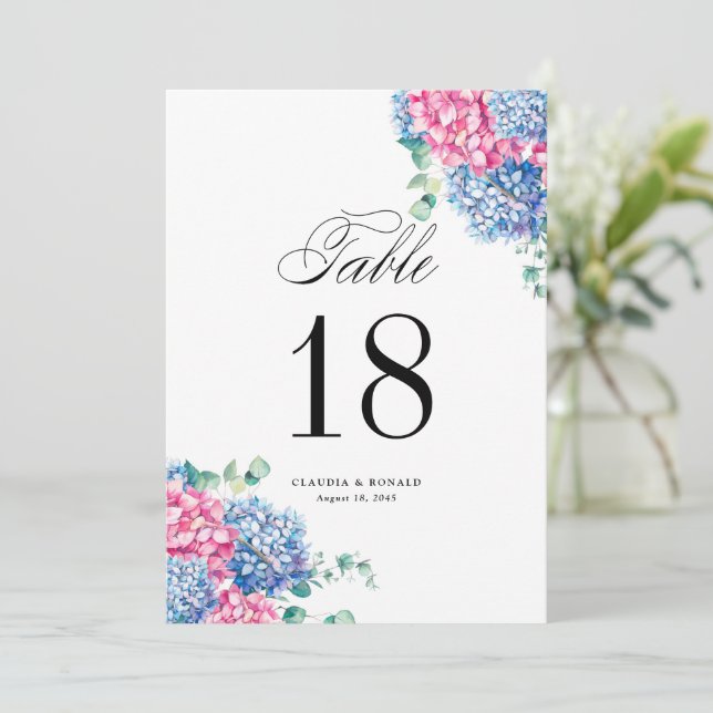 Carte Numéros de tableau Aquarelle rose et bleu Hydrange (Debout devant)