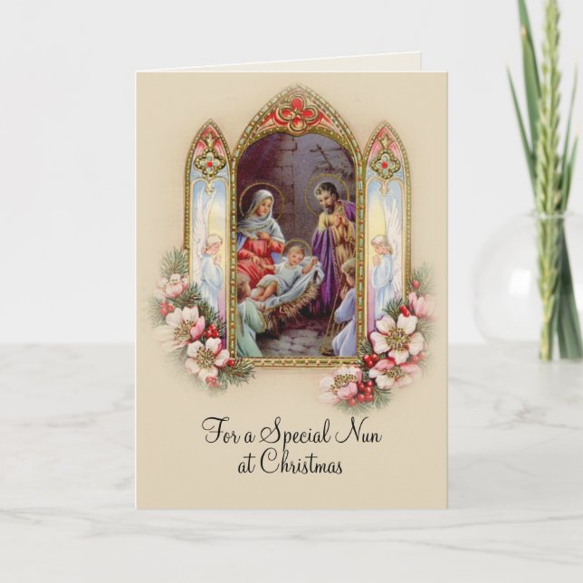 Carte Nun Nativité traditionnelle Noël Sainte famille (Devant)