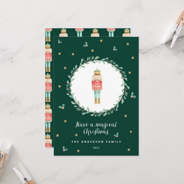 Carte Nutcracker aquarelle botanique joli Noël (Devant/Arrière en situation)