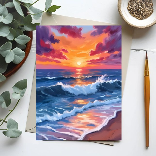 Carte Ocean Sunset Beach Waves Watercolor Card (Créateur téléchargé)