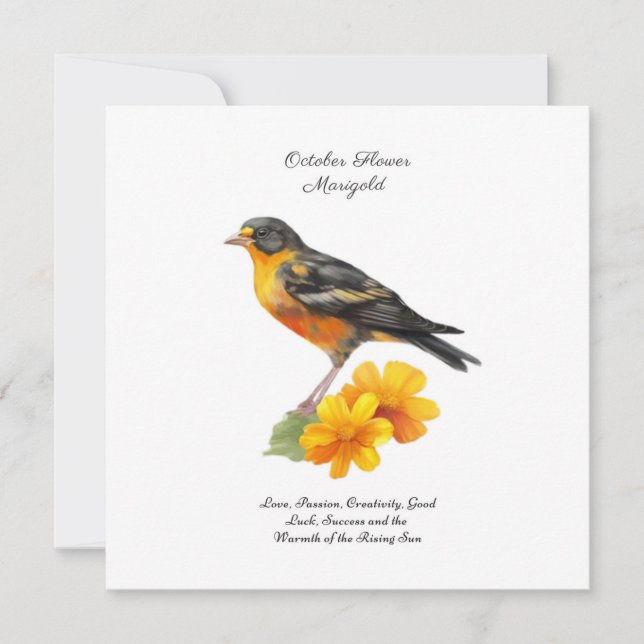 Carte Octobre Fleur Marigold et naissance d'oiseaux (Devant)