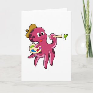 Carte Octopus à la peinture avec pinceau et couleur