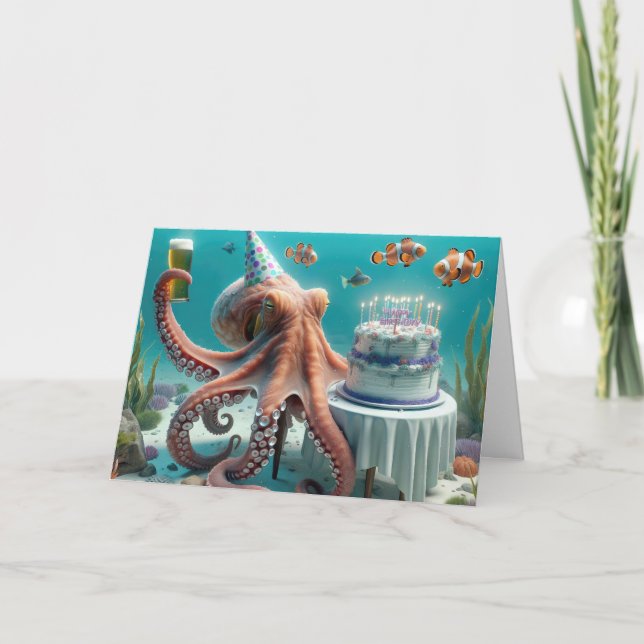 Carte Octopus d'anniversaire avec une bière (Devant)