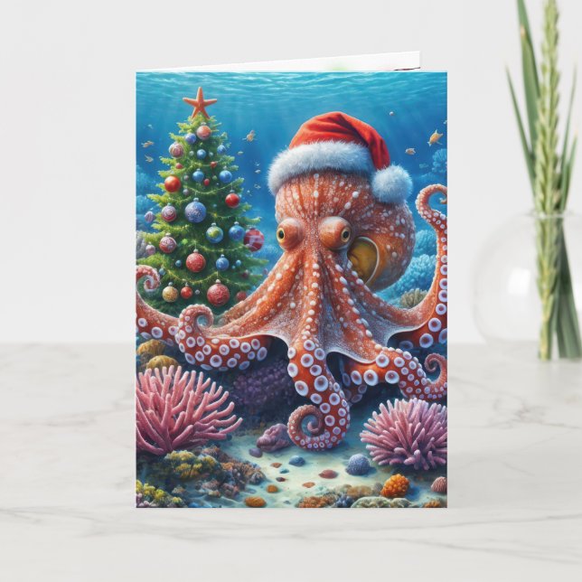 Carte Octopus de Noël portant un chapeau de Père Noël (Devant)