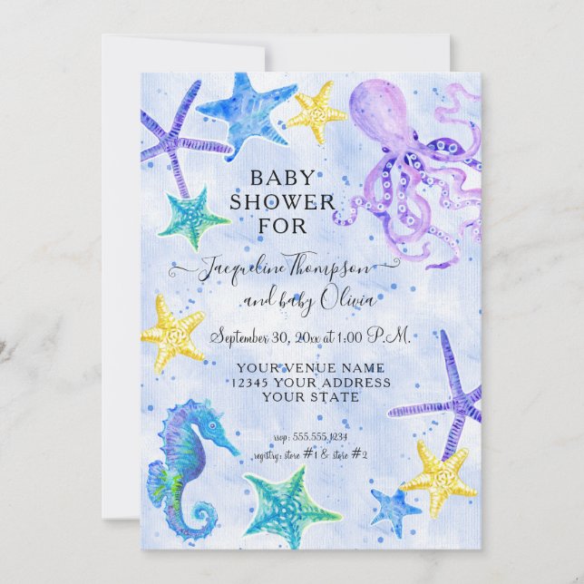 Carte Octopus Seahorse Starfish Beach Baby shower bleu (Devant)