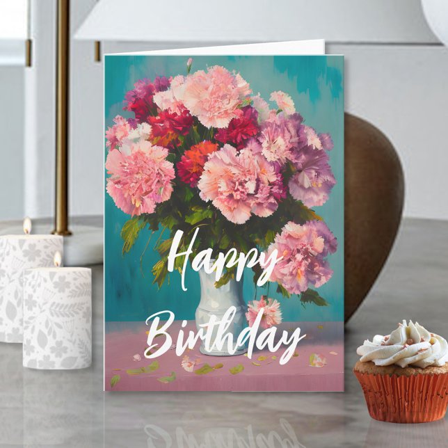 Carte Oeillets de printemps rose Bouquet dans Vase Anniv (Créateur téléchargé)