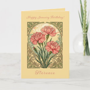Carte Oeillets roses d'anniversaire de janvier dans le s