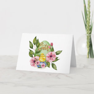 Carte Œuf de Pâques, poussin, fleurs roses de printemps