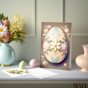 Carte Oeuf décoré de Pâques avec fleurs découpées
