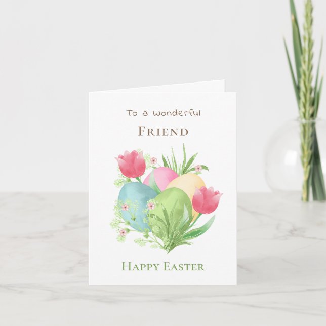 Carte Œufs colorés et tulipes ami Pâques  (Devant)