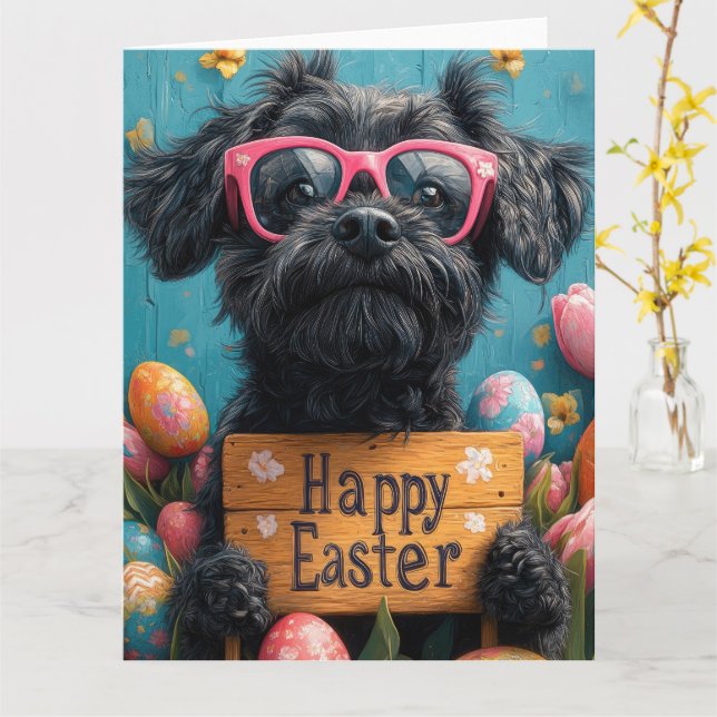 Carte Oeufs de Pâques de Terrier russe noir (Fleur jaune)