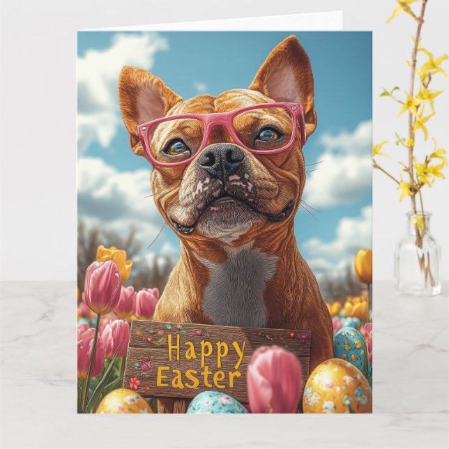 Carte Oeufs Pâques Pit Bull (Fleur jaune)