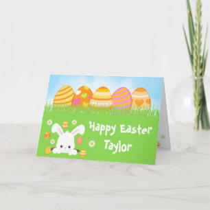 Carte Oeufs roses et orange lapin Joyeux Pâques