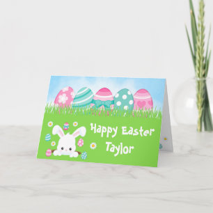 Carte Oeufs roses et turquoise de lapin Joyeux Pâques
