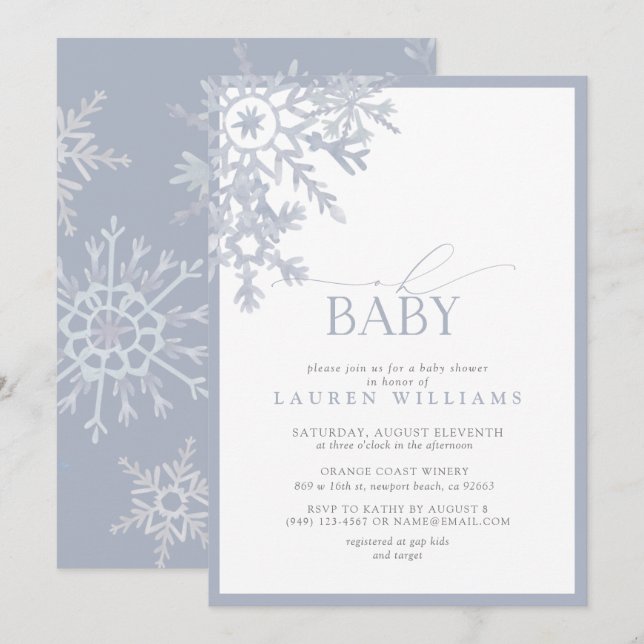 Carte Oh Baby Blue Snowflake Baby shower d'aquarelle (Devant / Derrière)