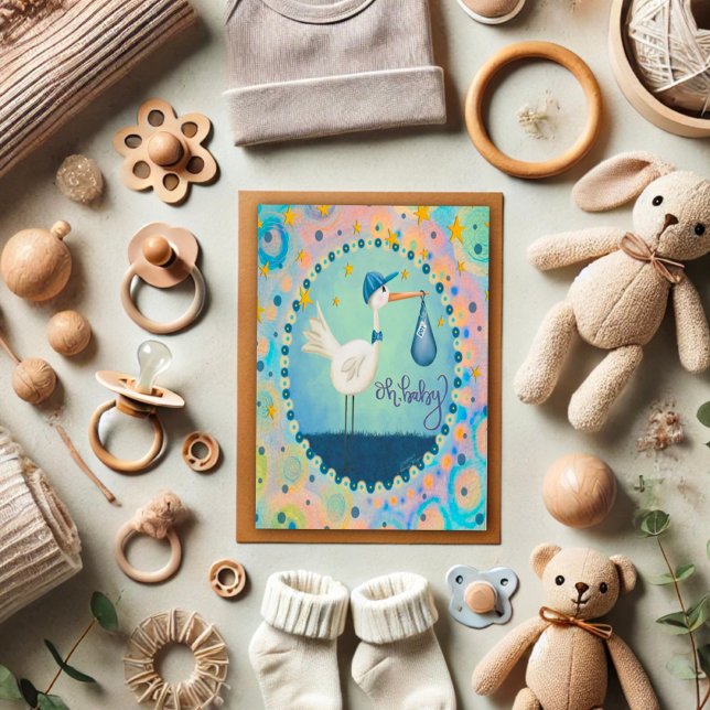 Carte Oh Baby Boy Stork Whimsical Cute Blue (Créateur téléchargé)