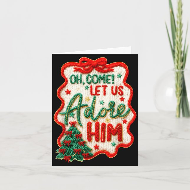 Carte Oh Come Let Us Adore Him Yarn Crochet Nativity Chr (Devant)