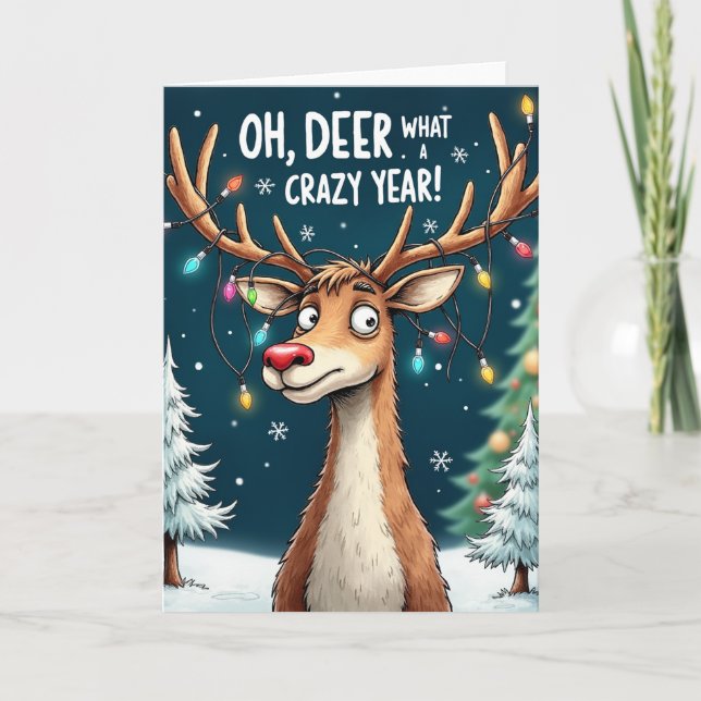 Carte Oh Deer What a Crazy Year Funny Reindeer Card (Devant)