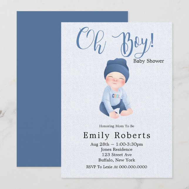 Carte Oh Garçon bleu Denim Cartoon Baby Douche Invitatio (Devant / Derrière)