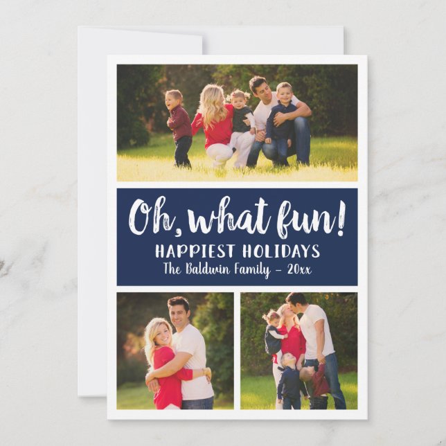 Carte Oh What Fun Navy Script Holiday Photo Collage (Devant)