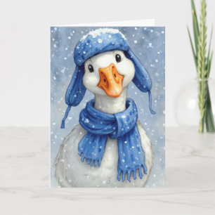 Carte Oie blanche d'hiver d'anniversaire avec écharpe bl