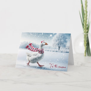 Carte Oie de Noël marche dans les flocons de neige