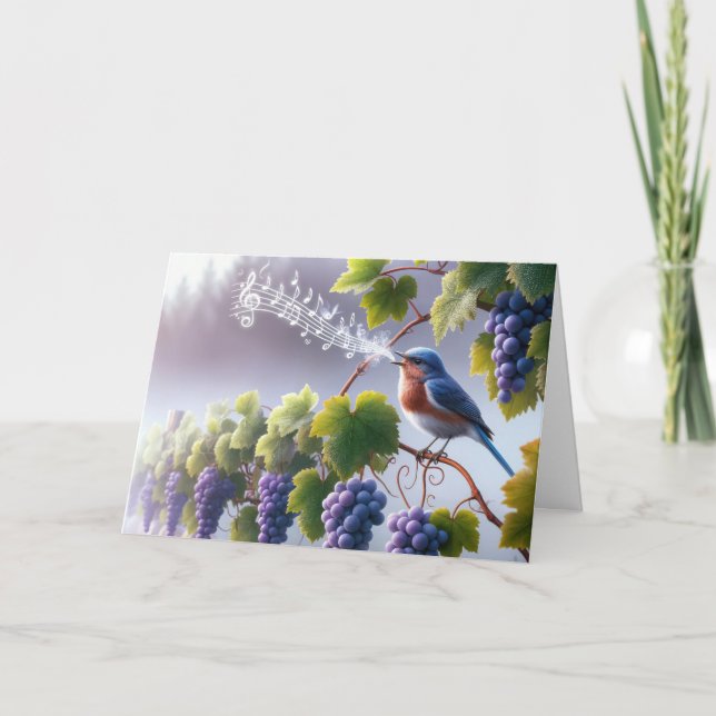 Carte Oiseau bleu d'anniversaire sur une vigne (Devant)