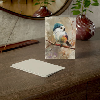Carte Oiseau chanteur hivernal en chapeau tricoté | Salu