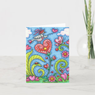 Carte OISEAU D'ART FOLK, COEURS ROSES JARDIN Vide