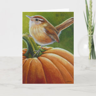 Carte Oiseau d'automne Wren sur Orange Citrouille aquare
