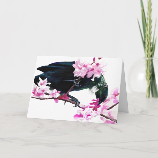 Carte Oiseau de Tui alimentant sur des fleurs de (Devant)